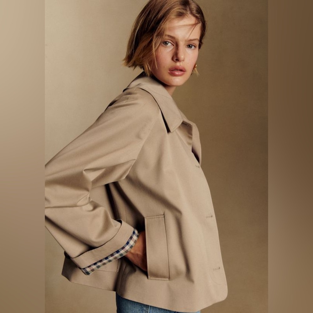 Sezane Bobby Jacket, Light Beige & Gingham, Oversized Cropped Trench, NWT Size 2 - Picture 2 of 16